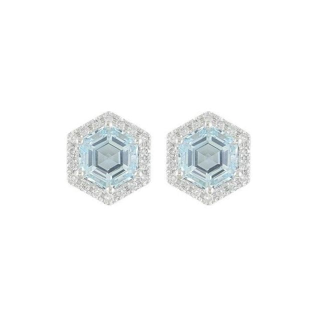 14K White Gold Aquamarine Hexagon Halo Studs