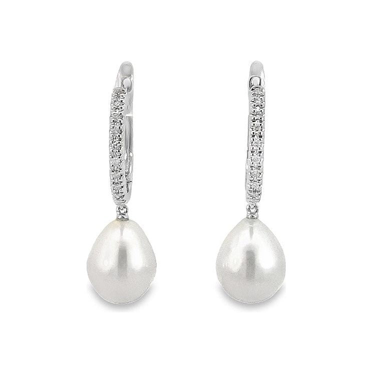 14K White Gold Diamond & Pearl Drop Hoop Earrings