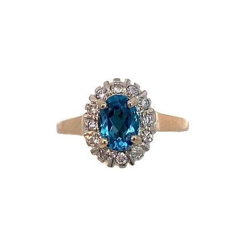 Estate 14K Two-Tone Blue Topaz Halo Ring