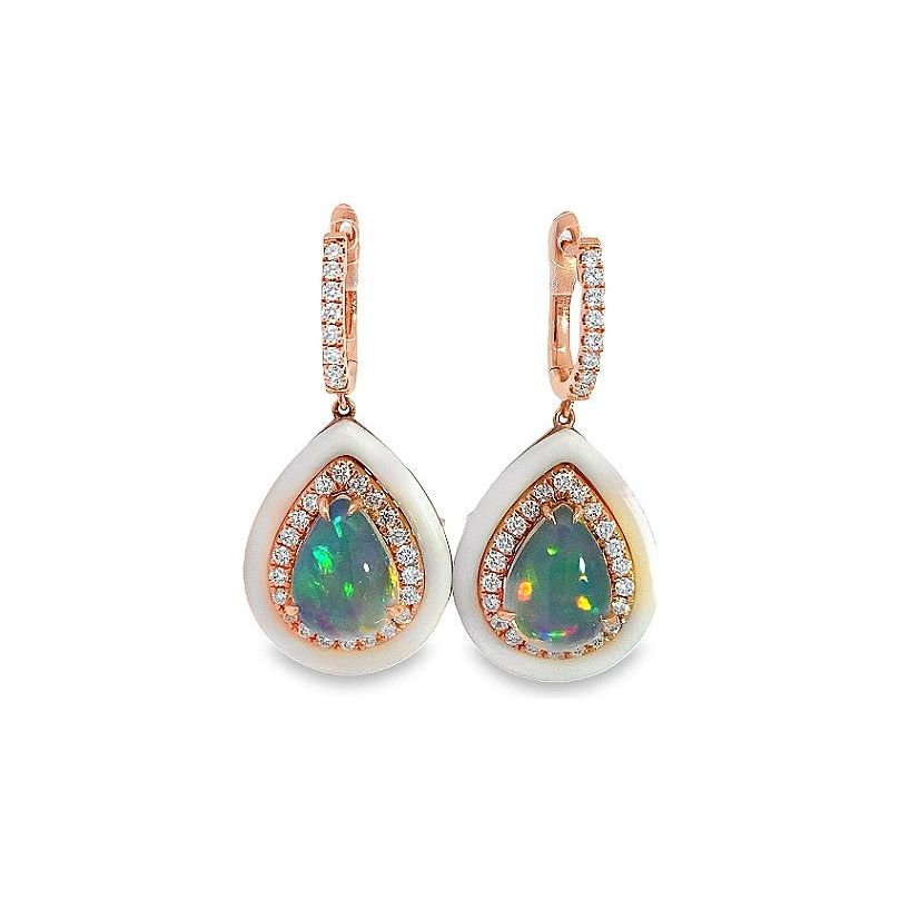 14K Rose Gold Opal & Diamond White Onyx Dangle Earrings