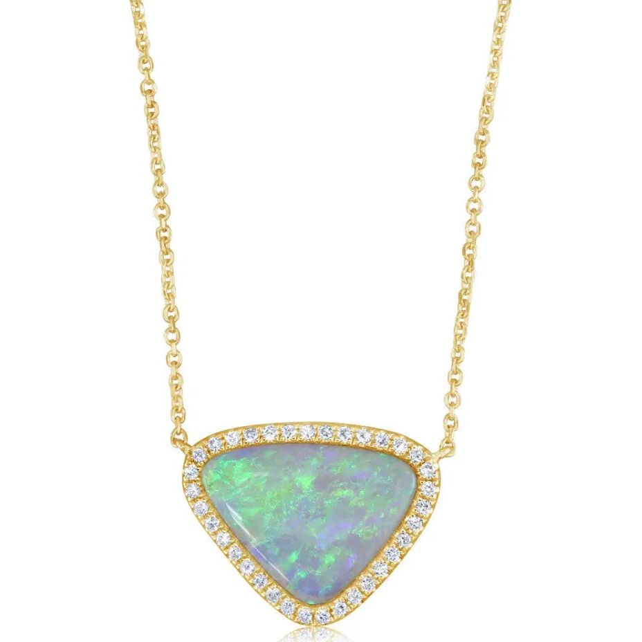 14K Gold Freeform Opal & Diamond Halo Necklace