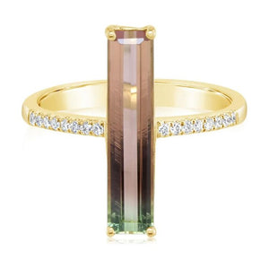 14K Gold Watermelon Tourmaline & Diamond Bar Ring