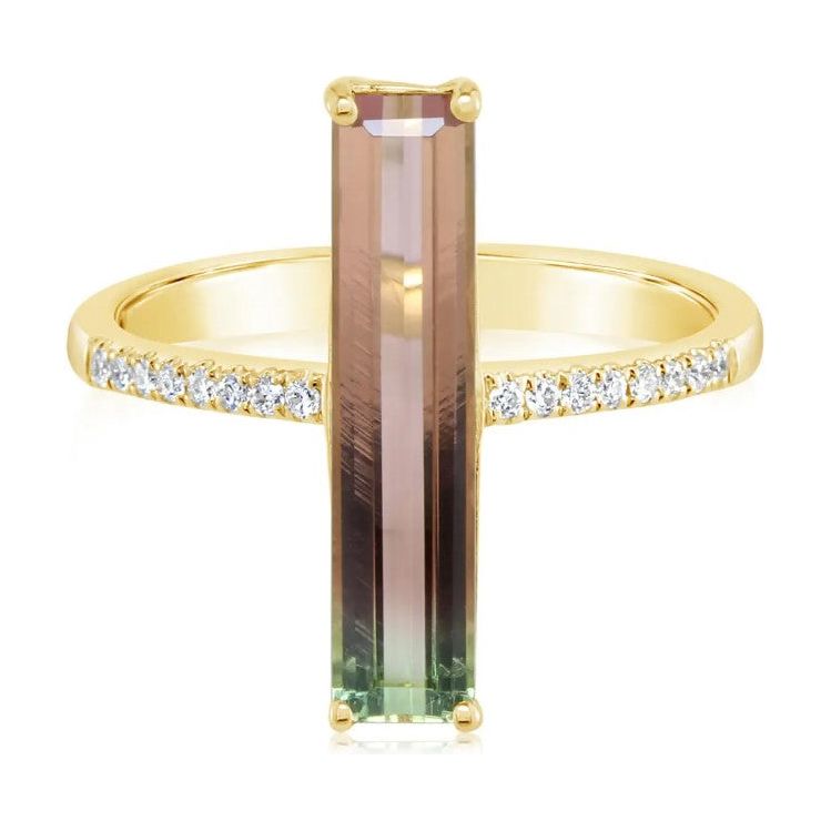 14K Gold Watermelon Tourmaline & Diamond Bar Ring