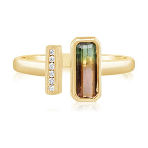 14K Gold Bezel Watermelon Tourmaline & Diamond Open Tip Ring