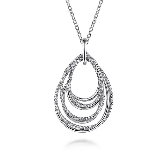 Gabriel Silver Multi Row of Rope Teardrop Pendant Necklace