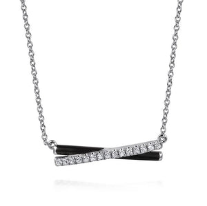 Gabriel Silver White Sapphire and Black Enamel Criss Cross Bar Necklace