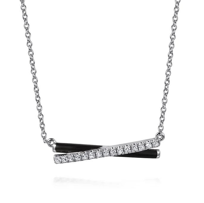 Gabriel Silver White Sapphire and Black Enamel Criss Cross Bar Necklace