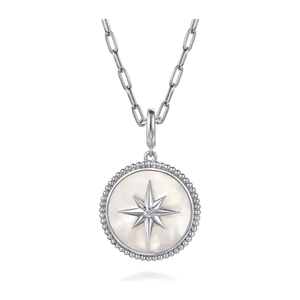 Gabriel Silver Bujukan White Sapphire and Mother Of Pearl Round Starburst Medallion Pendant