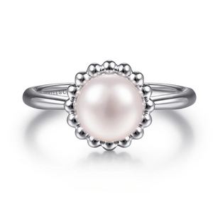 Gabriel  Sterling Silver Pearl Ring with Bujukan Beaded Halo