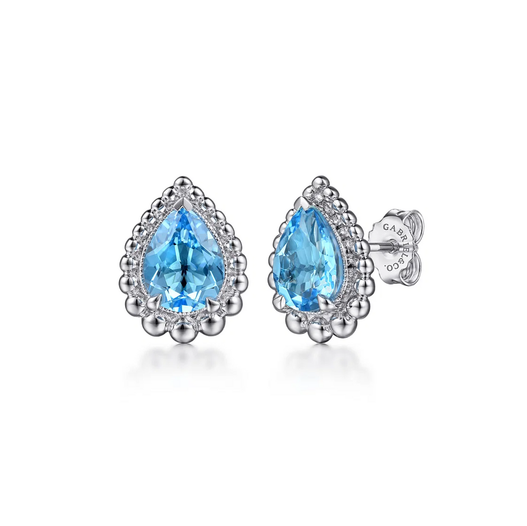 Gabriel Sterling Silver Faceted Swiss Blue Topaz Pear Shape Bujukan Stud Earrings