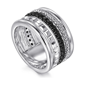 Gabriel  Sterling Silver Bujukan Black Spinel and Pyramid Multi Row Easy Stackable Ladies Ring