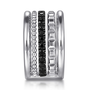 Gabriel  Sterling Silver Bujukan Black Spinel and Pyramid Multi Row Easy Stackable Ladies Ring