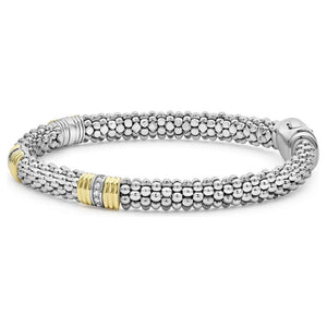 Lagos 18K and Sterling Silver Triple Diamond Station Caviar Bracelet