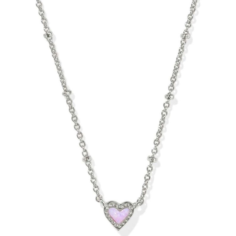 Kendra Scott Mini Ari Silver Heart Necklace in Bubblegum Pink Kyocera Opal