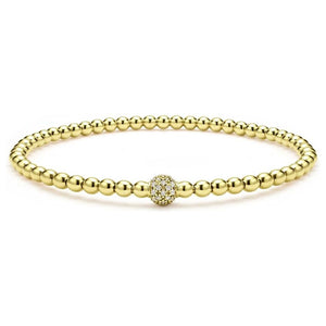 Lagos 18K Caviar Gold Pave Diamond 3mm Ball Stretch Bracelet