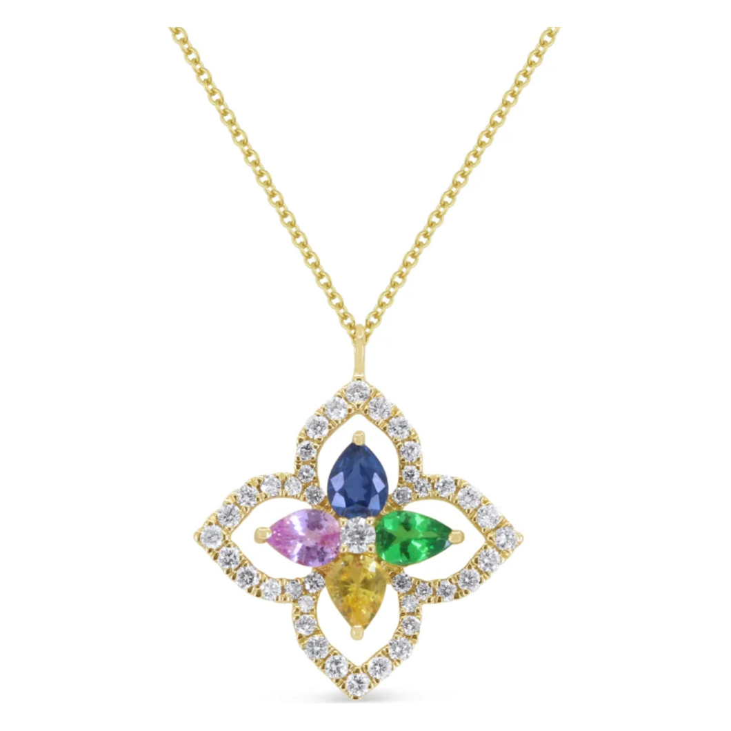 14K Yellow Gold Multi-Sapphire Diamond Outline Flower Pendant Necklace