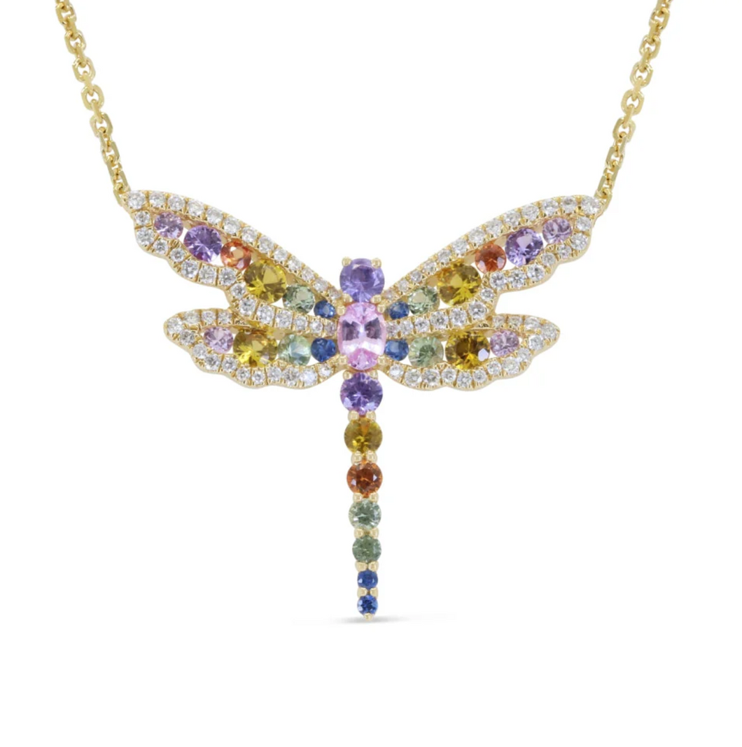 14K Yellow Gold Multi-Sapphire & Diamond Dragonfly Necklace