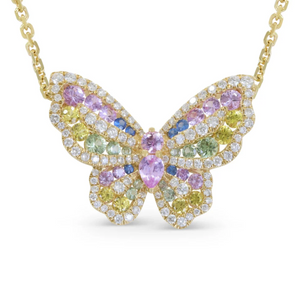 14K Yellow Gold Multi-Sapphire & Diamond Butterfly Necklace