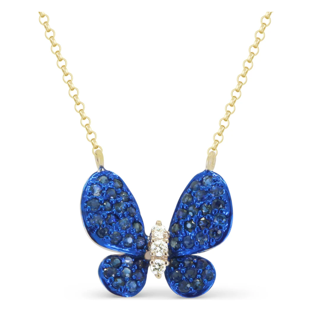 14K Yellow Gold Blue Sapphire Butterfly Necklace