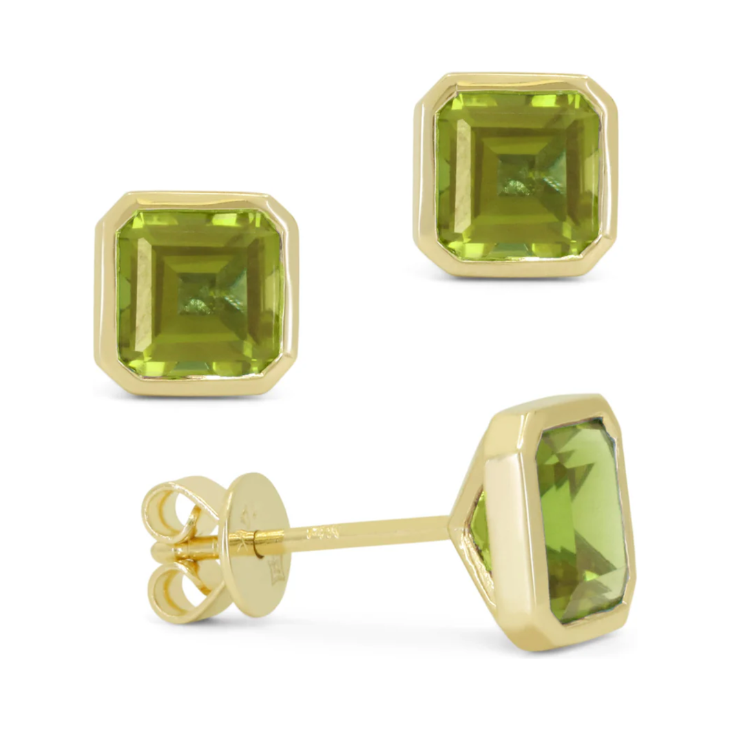 14K Yellow Gold Gemstone Bezel Asscher Cut Stud Earrings