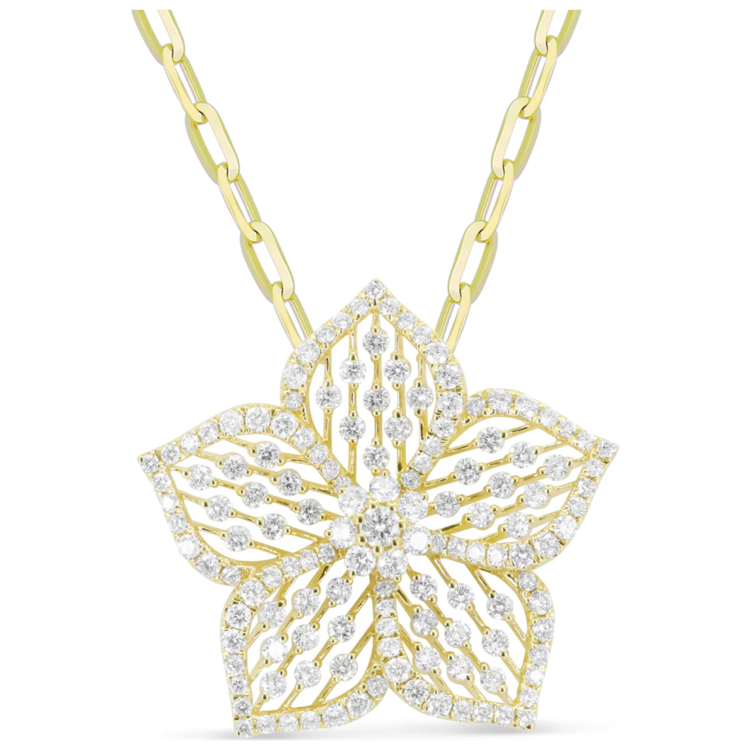 14K Yellow Gold Diamond Flower Pendant Necklace