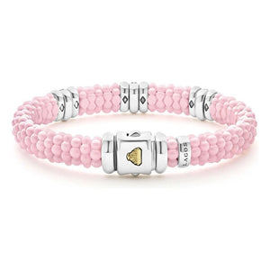 Lagos Sterling Silver Pink Caviar Ceramic Triple Diamond Station Bracelet