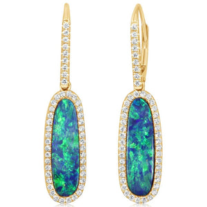 14K Gold Australian Opal Doublet & Diamond Halo Earrings