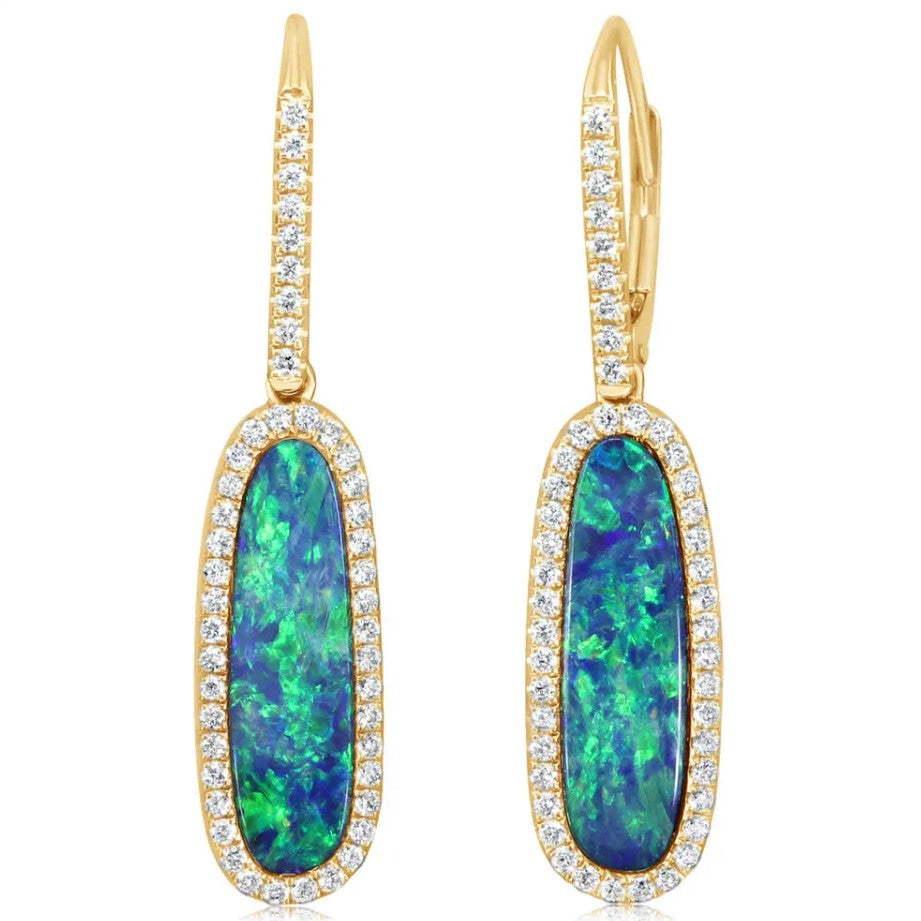 14K Gold Australian Opal Doublet & Diamond Halo Earrings