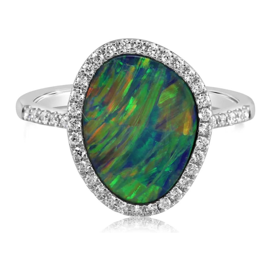 14K Gold Freeform Opal Doublet & Diamond Halo Ring