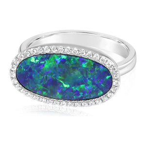 14K Gold Freeform Opal Doublet & Diamond Halo Ring