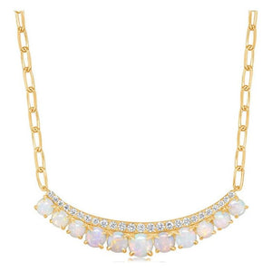 14K Gold Opal & Diamond Halo Smile Paperclip Necklace