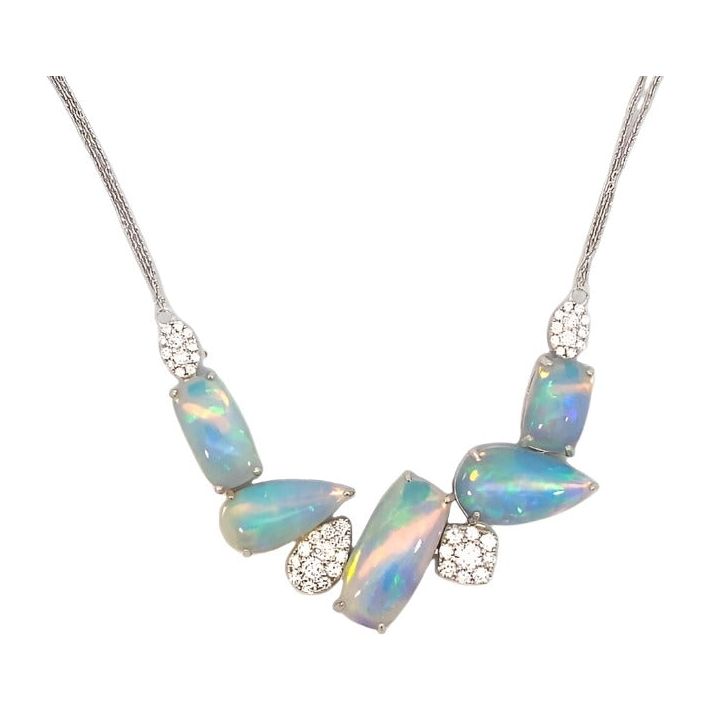 14K White Gold Scattered Opal & Diamond Neckace