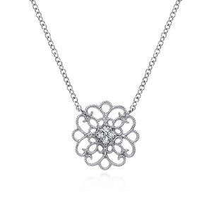 Gabriel Silver Round Filigree White Sapphire Pendant Necklace