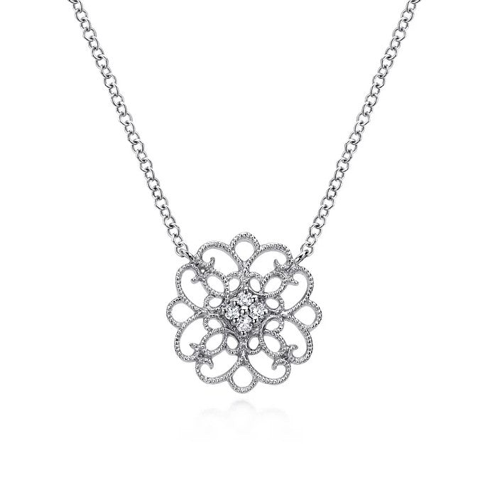 Gabriel Silver Round Filigree White Sapphire Pendant Necklace