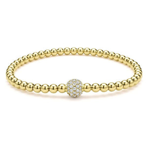 Lagos 18K Caviar Gold Pave Diamond 4mm Ball Stretch Bracelet