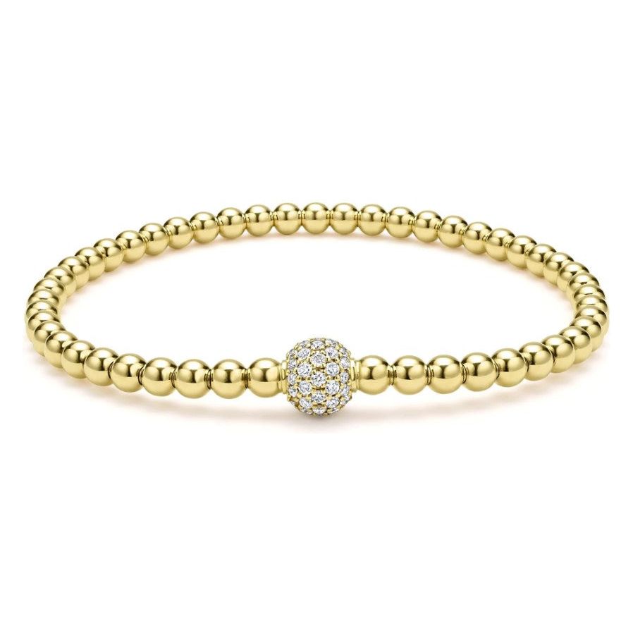 Lagos 18K Caviar Gold Pave Diamond 4mm Ball Stretch Bracelet