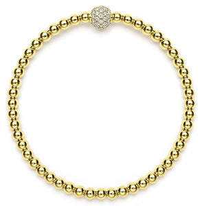 Lagos 18K Caviar Gold Pave Diamond 4mm Ball Stretch Bracelet