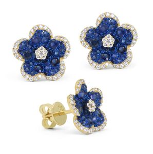 14K Yellow Gold Blue Sapphire Flower Studs