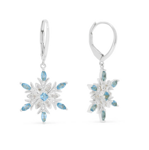 14K White Gold Blue Topaz & Diamond Snowflake Dangle Earrings