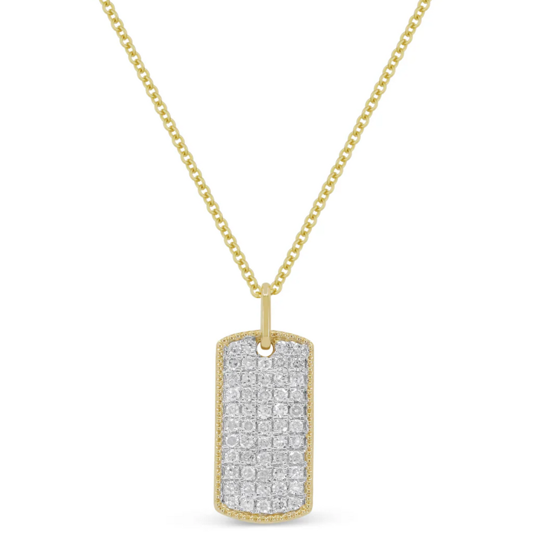 14K Yellow Gold Pave Diamond Petite Dog Tag Pendant Necklace