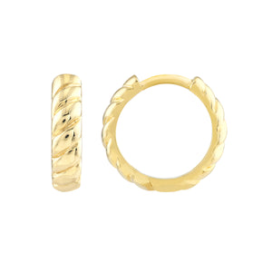 14K Yellow Gold Ribbed Polished Huggie Hoop Earrings