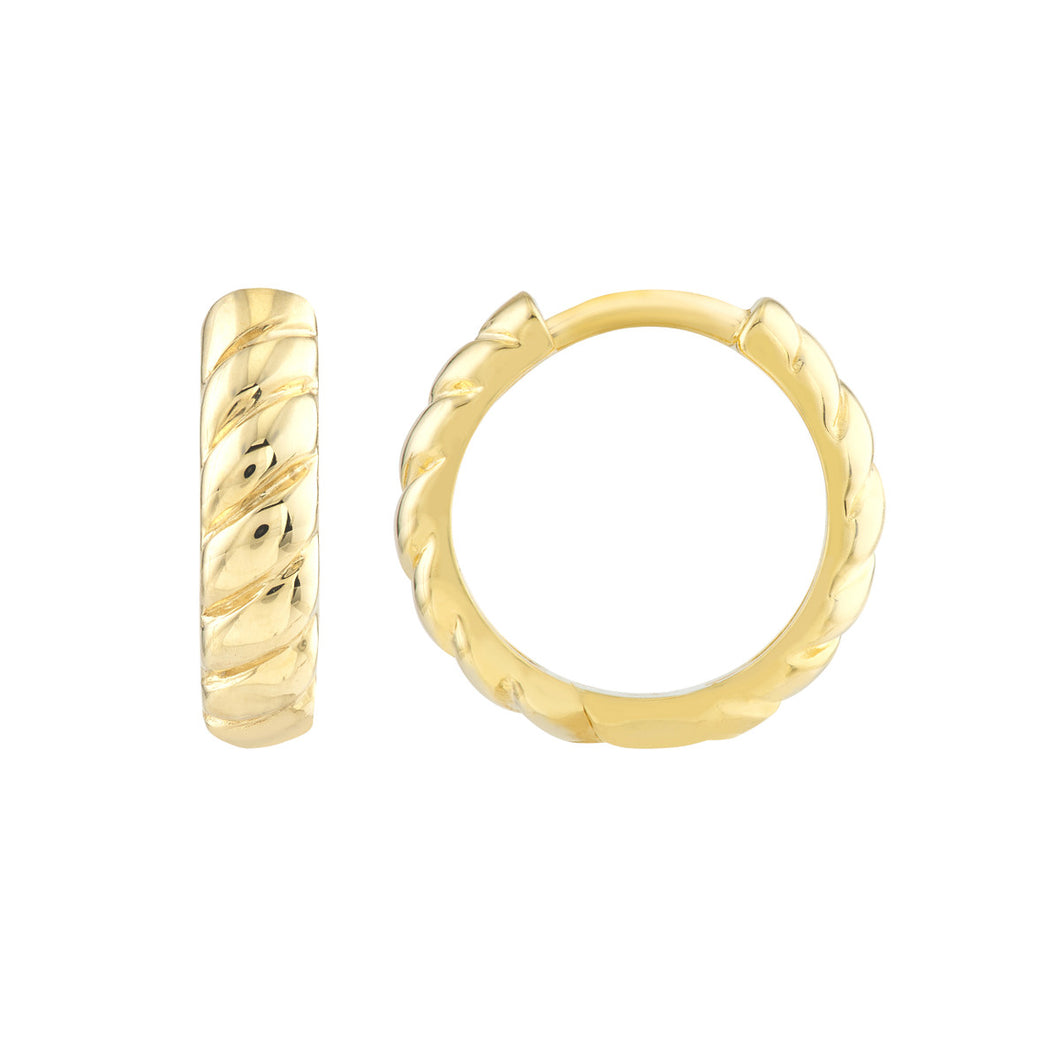 14K Yellow Gold Ribbed Polished Huggie Hoop Earrings