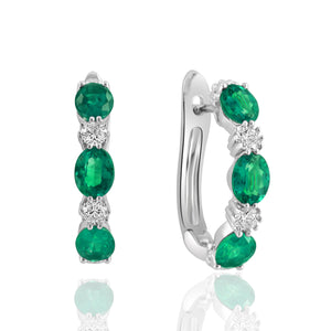 14K White Gold Alternating Oval Emerald & Diamond Hoops