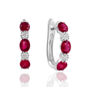 14K White Gold Alternating Oval Ruby & Diamond Hoops