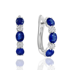 14K White Gold Alternating Oval Sapphire & Diamond Hoops