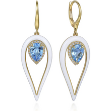 Load image into Gallery viewer, Gabriel 14K Yellow Gold Blue Topaz Pear Shape Drop Earrings with White Enamel
