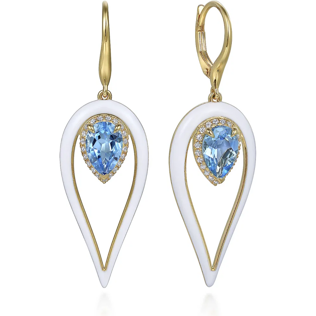 Gabriel 14K Yellow Gold Blue Topaz Pear Shape Drop Earrings with White Enamel