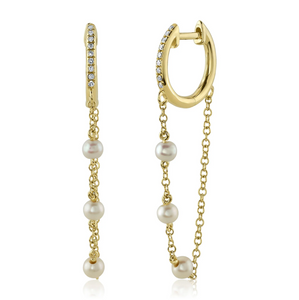 14K Yellow Gold Diamond & Pearl Chain Huggie Earrings