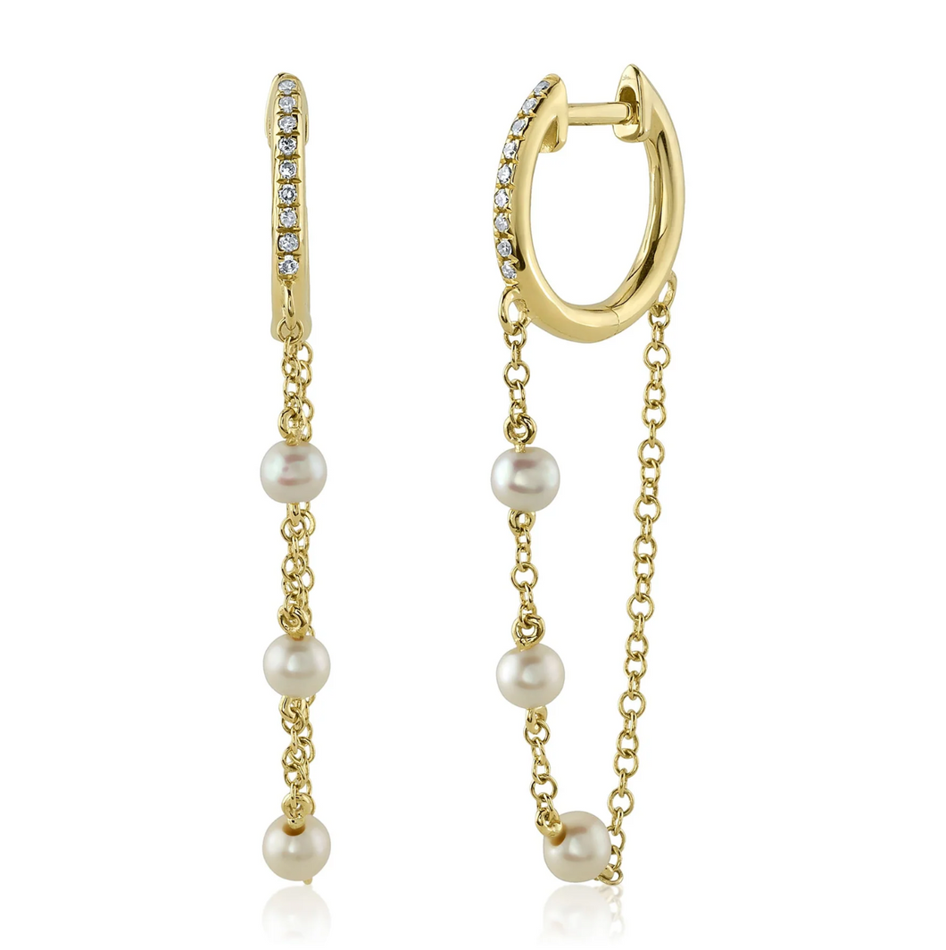 14K Yellow Gold Diamond & Pearl Chain Huggie Earrings