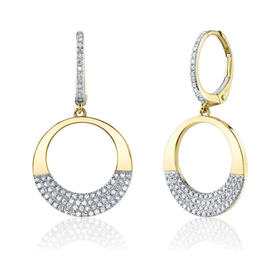 14K Yellow Gold Diamond Dangle Open Circle Earrings